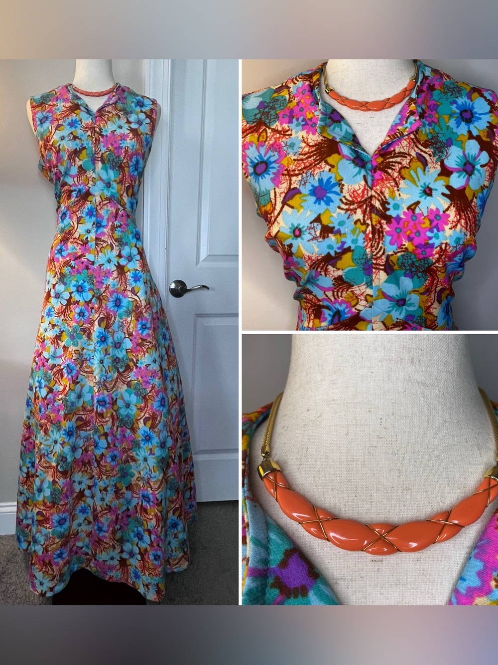 1970’s Vibrant Floral Sleeveless Maxi Dress - Turquoise & Pink